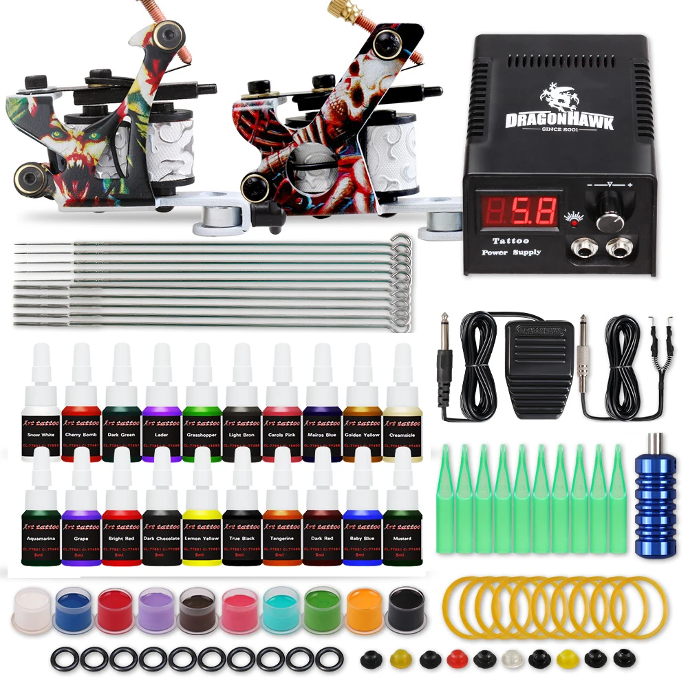 

Complete Beginner Tattoo Kit Supplies Equipment Set 2 Coils Machine Guns 20 Color ink Needle Power Supply Tip Grip