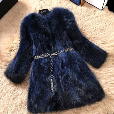 NavyBlue 101CM LEDEDAZ натуральный мех лисы пальто X-Long тонкая женская зимняя куртка и пальто роскошный природный натуральный мех пальто плюс размер лисий мех жилет - Цвет: NavyBlue 101CM