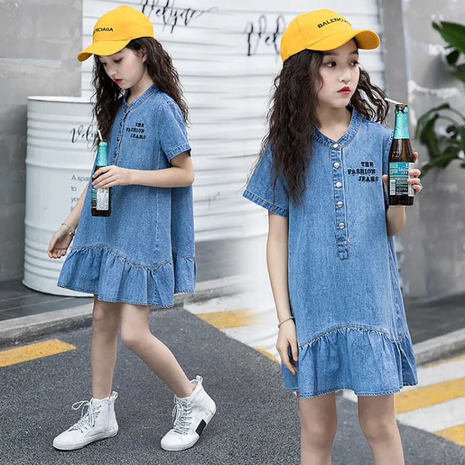 

Summer New Fashion Denim Dress for Girls Short Sleeve Button Casual Loose Children's Clothes Big Girls Costume Age 3-10T