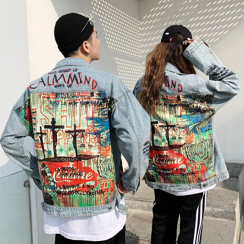 Женская джинсовая куртка VOOCIEC однобортная с длинными рукавами и принтом сзади