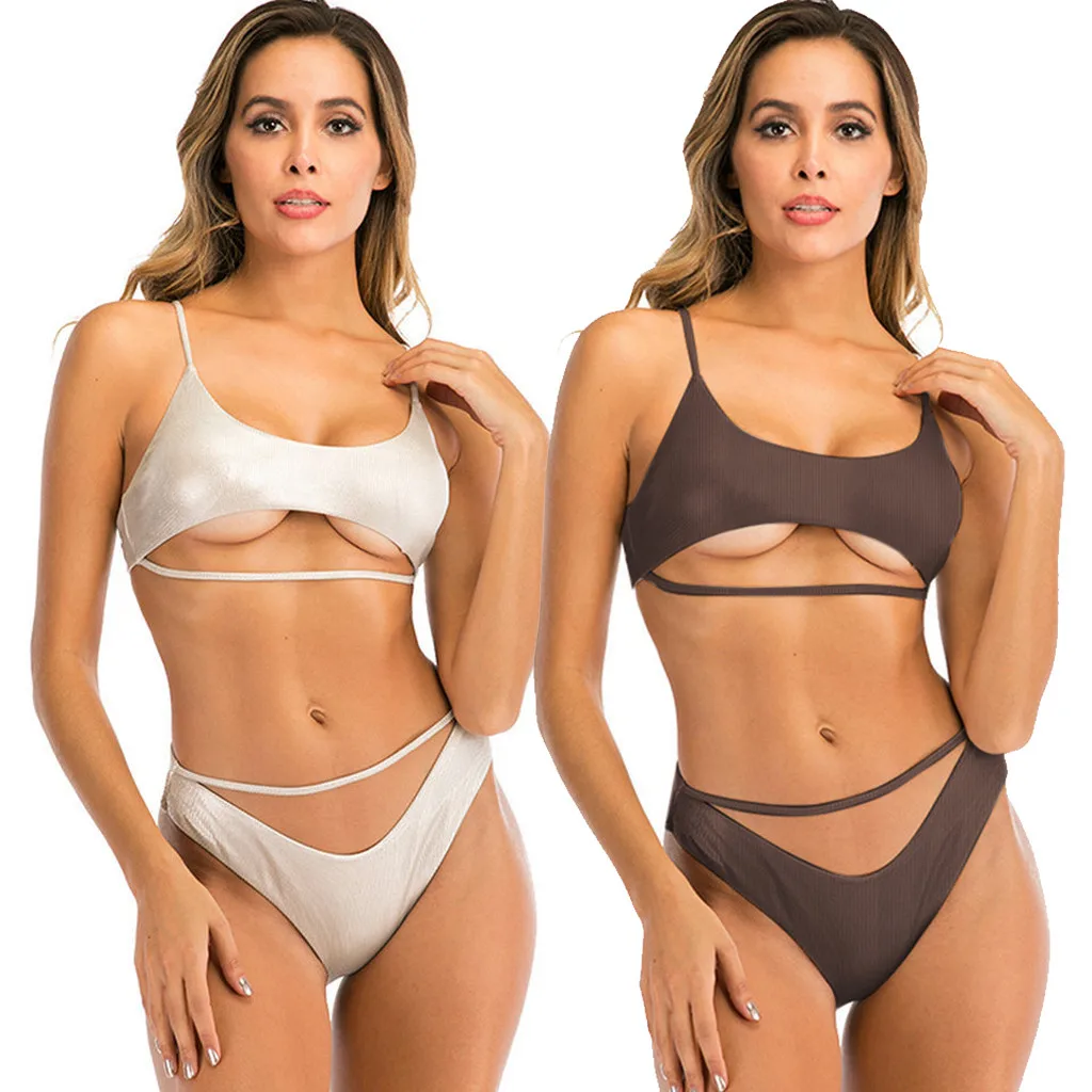 

Женский пикантный однотонный комплект бикини, купальник из двух предметов, купальник пуш-ап с вырезами, женский пляжный костюм с высокой та...