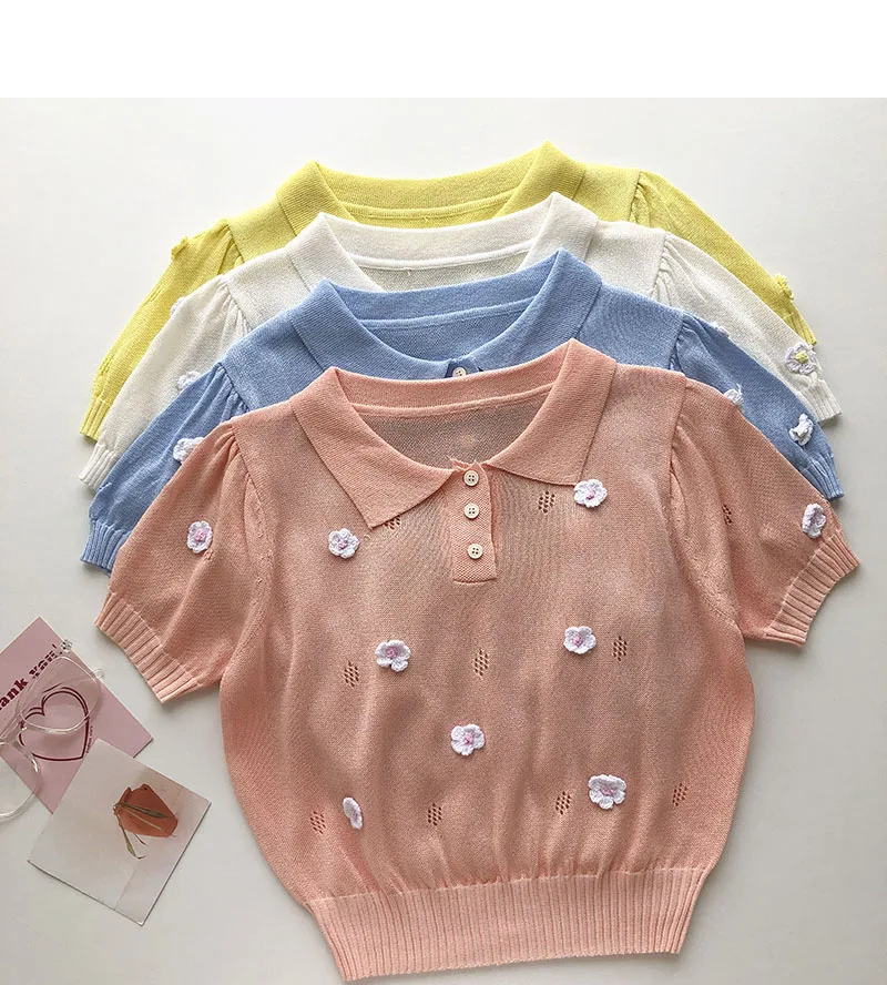 

Summer Korean sweet three-dimensional flower hollow out short T-shirt