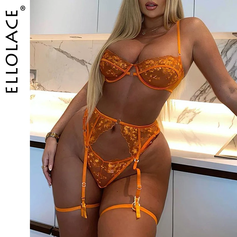 Ellolace Lace Embroidery Lingerie Sexy Transparent Underwear Erotic 3-Piece Orange Mesh Bra Short Skin Care Kits Bilizna Set