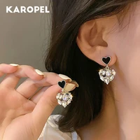 2021 new korean cute black acrylic heart stud earrings for women simple elegant crystal love stud earrings jewelry