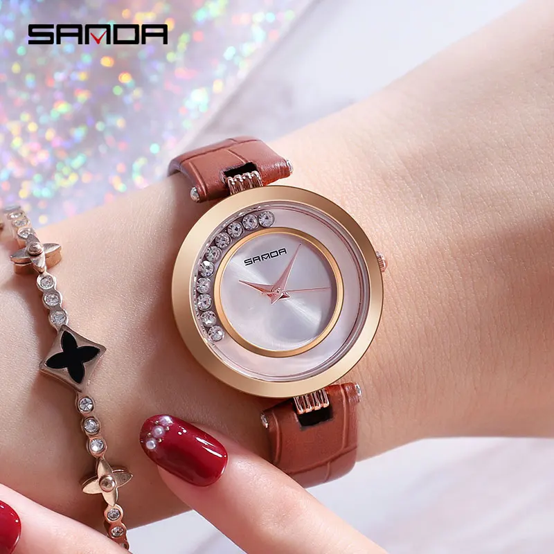 

Top Merk Luxe SANDA Elegante Dames Horloge Lederen Diamant Horloge Vrouwen Mode Horloges relogio feminino Waterdichte Klok