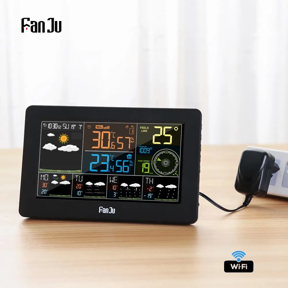 FanJu FJW4 Wi-Fi Метеостанция настенные цифровые часы-будильник термометр гигрометр для будущих погоды направление ветра барометр