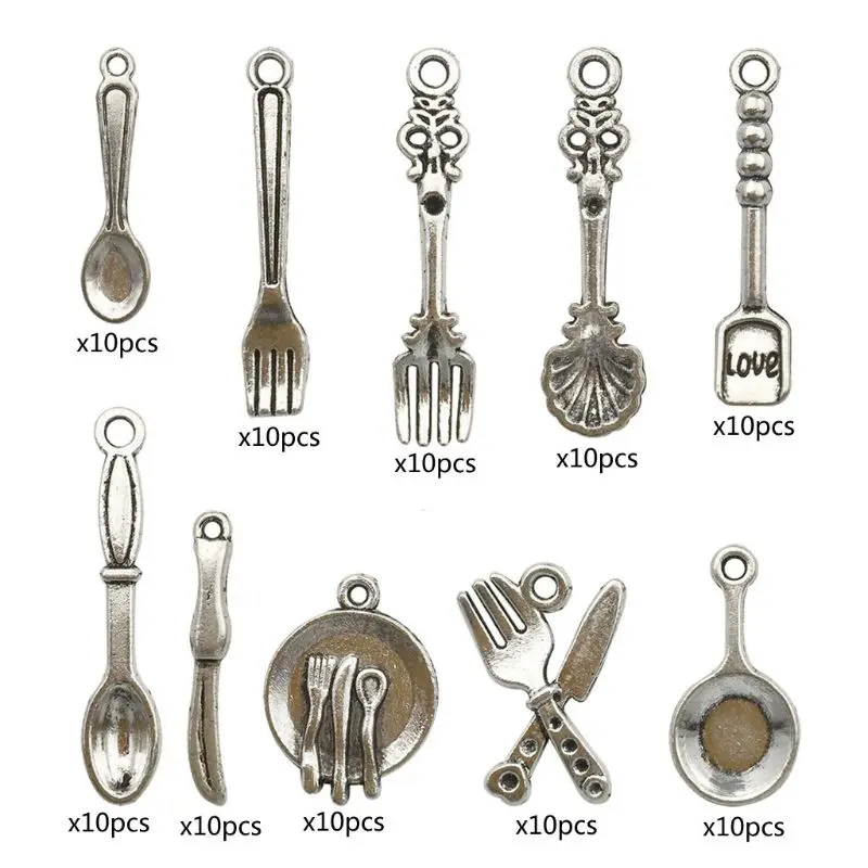 

100pcs Mixed Fork Knife Spoon Tableware Charms Pendants Jewelry Findings Making