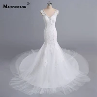100 real embroidery appliques tulle crystal chapel train mermaid wedding dress high end cap sleeve v neck button bridal gown
