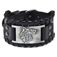 vintage men weave bangle wide leather adjustable wolf head bracelet jewelry vintage wide bracelets nordic viking bracelet men