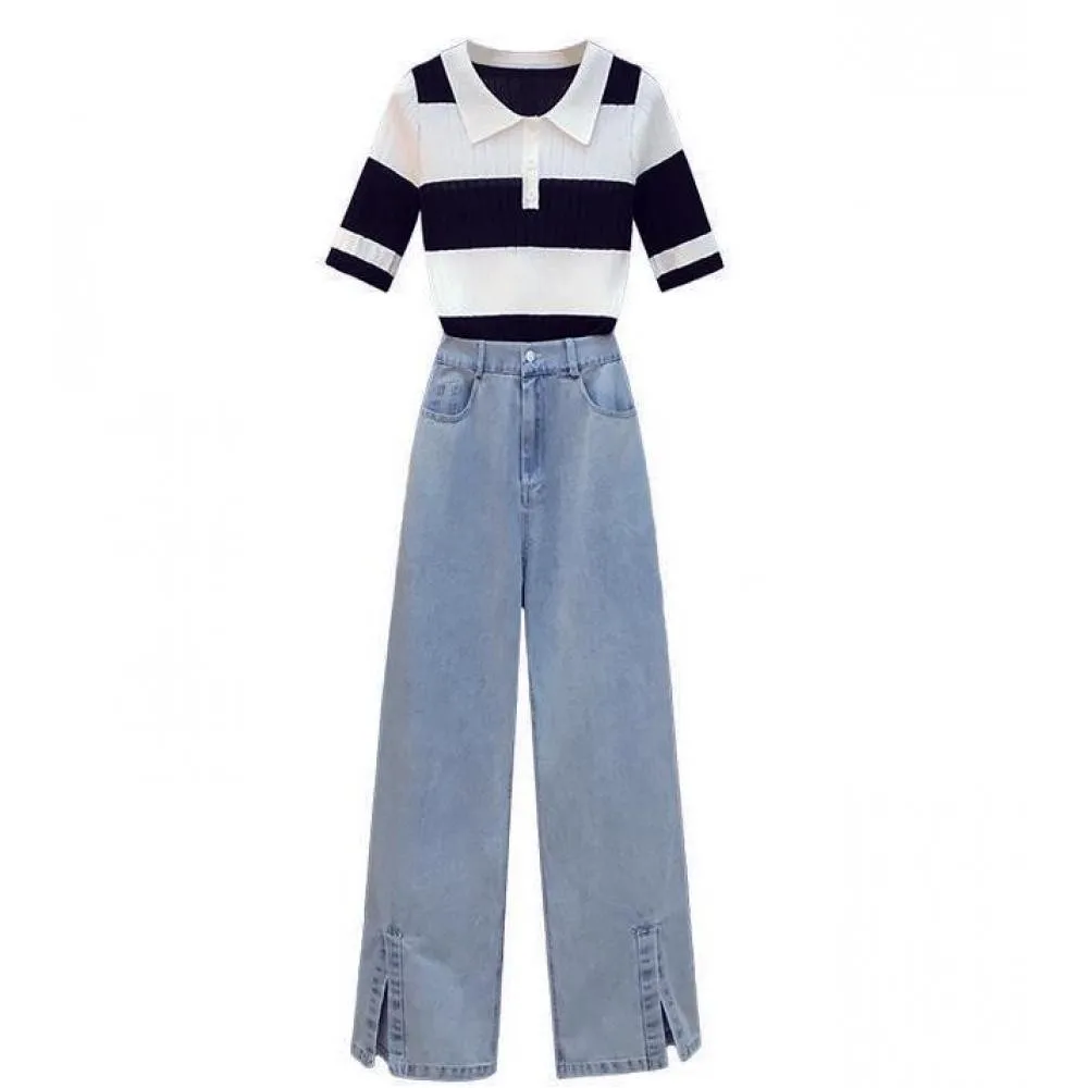 

Summer Casual Wide Leg Pants Streetwear Jeans Women 2 Piece Set Top And Pants Conjunto Feminino Ensemble Femme Plus Size Suit