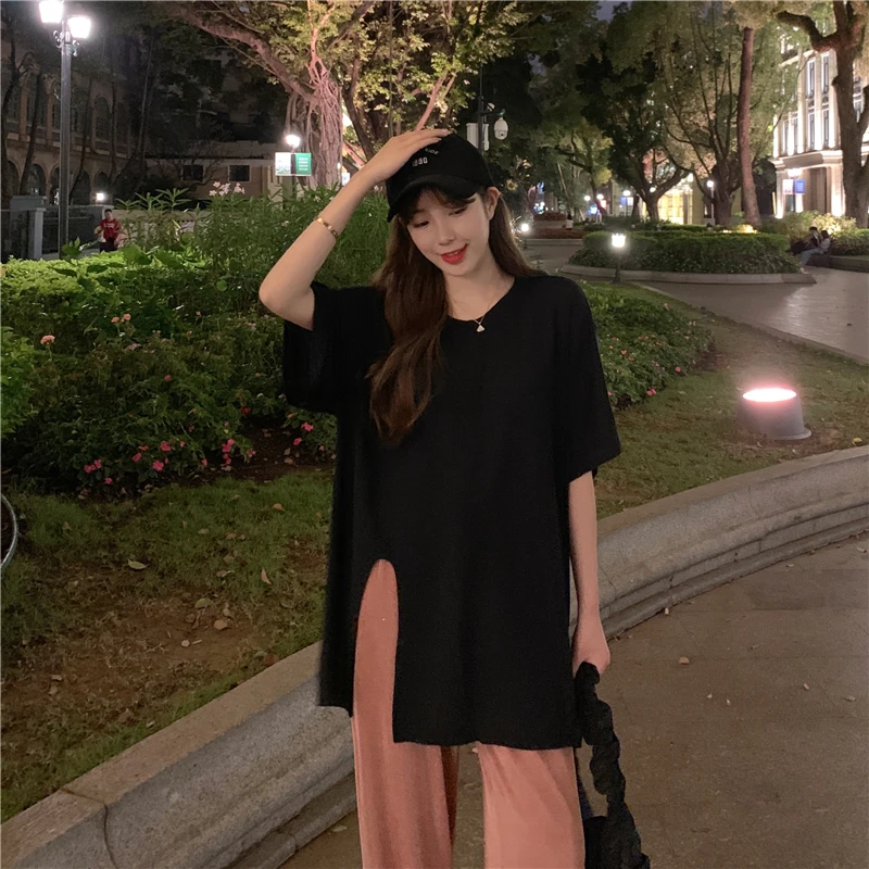 

YTX790 2021 new ladies casual long split simple solid color T-shirt