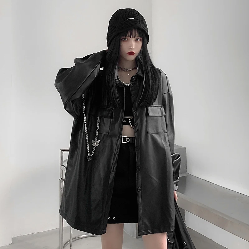 Japanese Casual Women Loose Leather Moto Jacket Outerwear Korean High Street Coat Chic Streetwear Long Sleeve Black Leather Tops