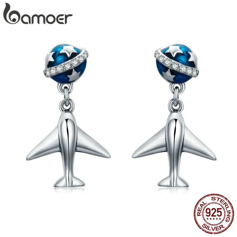 BAMOER, 925 пробы, серебряные, модные, Звездные туры, планета и самолет, висячие серьги для женщин, хорошее серебряное ювелирное изделие, Brincos SCE331
