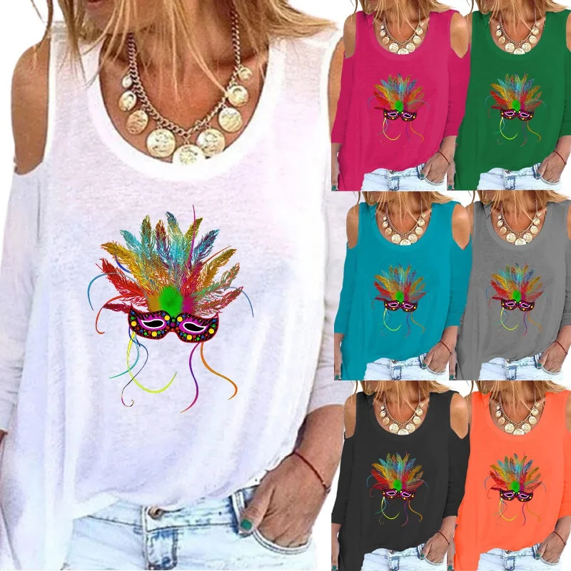 

Spring and Autumn Ladies Shirt Fashion Printing Sexy Off Shoulder Long Sleeve Women Round Neck Pullover Loose Shirt