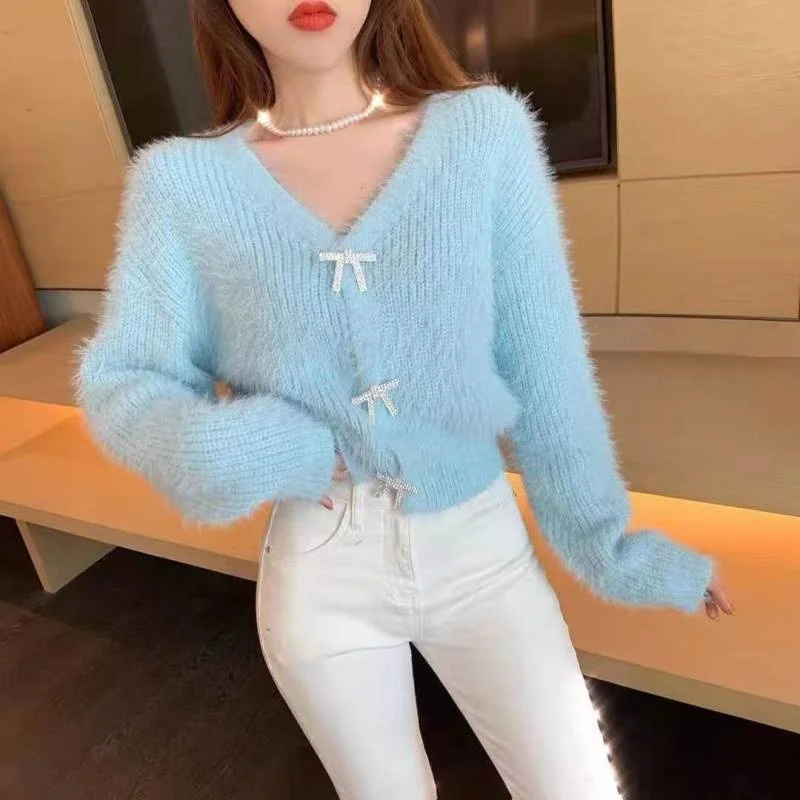 Женский кардиган с длинным рукавом и бантом| |