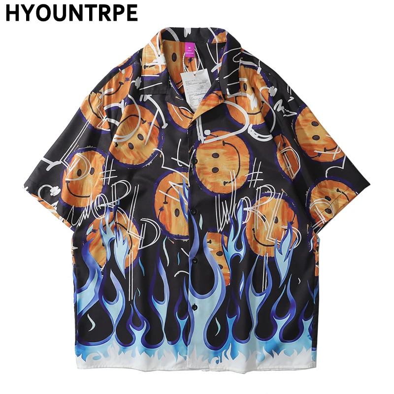 

Mens HarajukuSmile Face Fire Printed Shirts Casual Button Up Retro Shirt Hip Hop Loose Harajuku Streetwear Hawaiian Beach Shirt