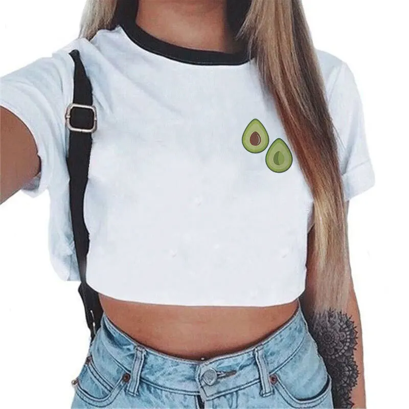 

Cartoon Vegan Cute Avocado Printed Tshirt Fashion Women T Shirt Kawaii Tee Tops Female Crew Neck Crop Tops Harajuku Ullzang