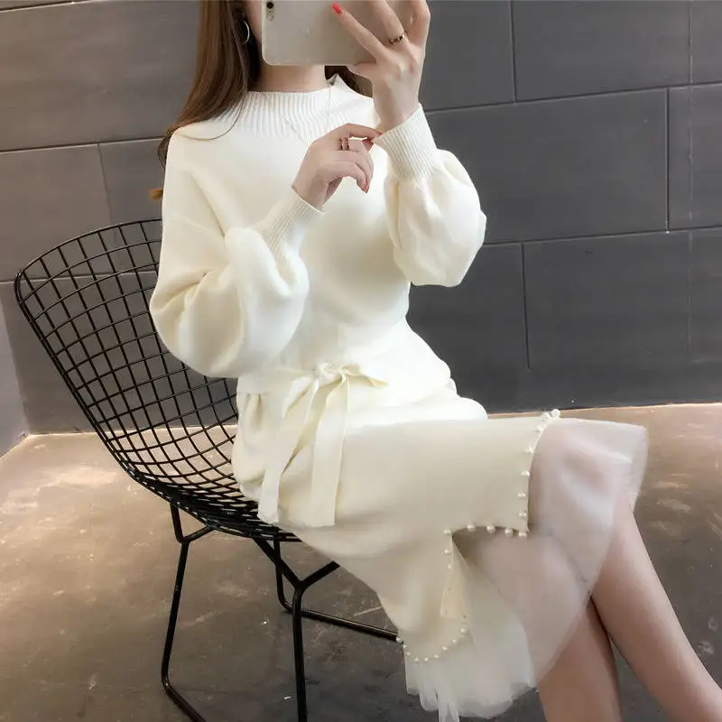 

2022 Spring And Autumn New Beaded Belt High Collar Solid Color Temperament Loose Midfield Section Was Thin Bottoming Shirt Dress