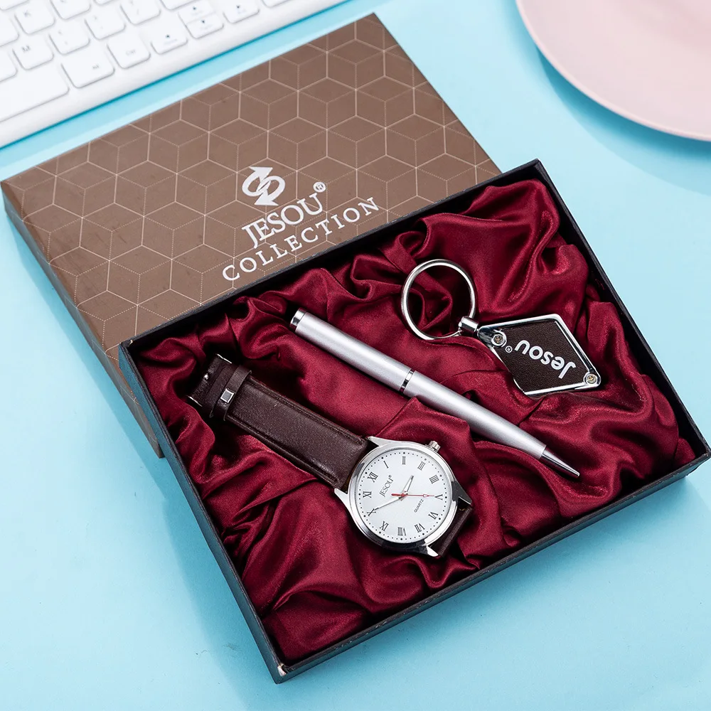 3 шт./компл. Мужской подарочный набор красивые Упакованные часы + ручка брелок