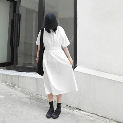 

The Dress 2020 new style summer closes the waist to show thin temperament round neck leisure tight waist Poplin mid-long secti