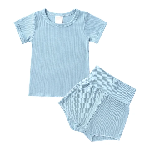Комплект одежды для малышей из пуловера с коротким рукавом и круглым вырезом и штанов с высокой талией, 9 цветов, на лето