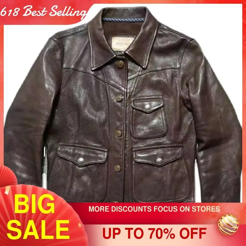 

2021 Dark Brown Retro Casual Style Genuine Leather Jacket Men Large Size 3XL Real Natural Sheepskin Spring Slim Fit Short Coat