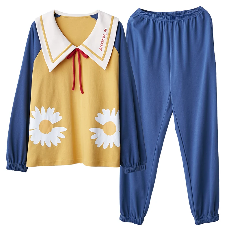 

Harajuku Pajamas Set Women Sleepwear Spring Flower Print Nightsuit Navy Collar Princess Style Girls Pijamas Nightgowns Anime