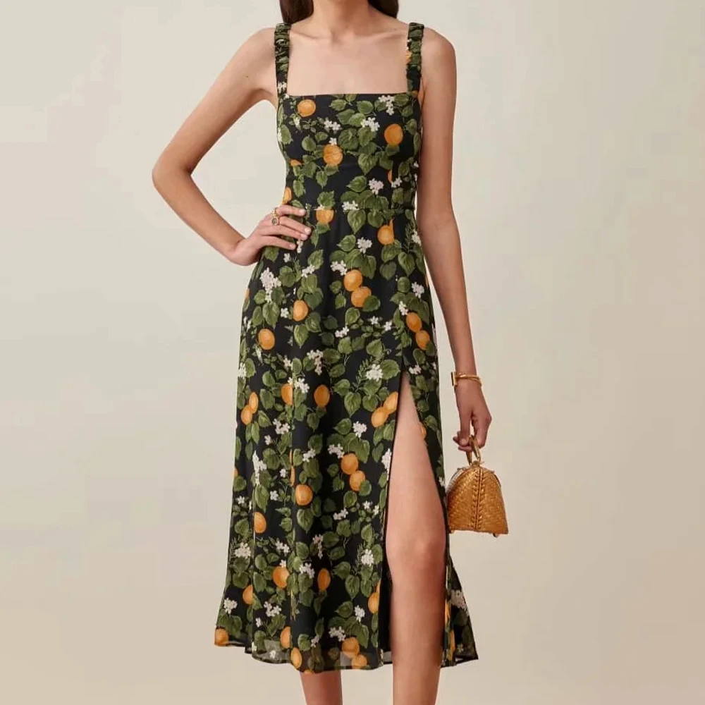 

2021 Summer women Middle length Sundresses vintage floral Sling Dresses Bohemia Strap Vestidos elegance Slit split Midi Dress