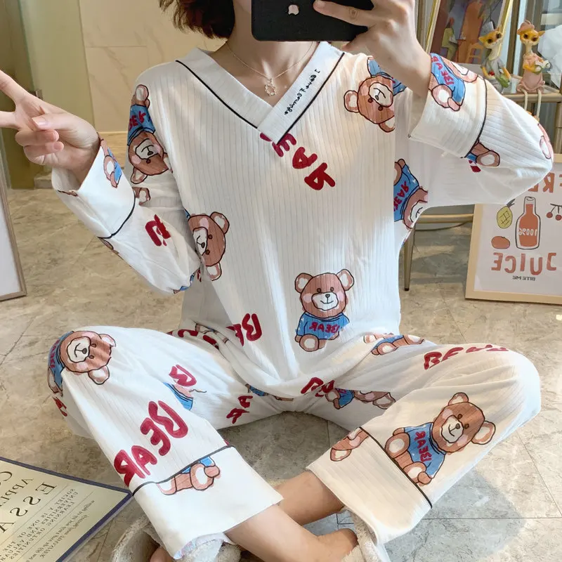 

Пижама женская Harajuku, с длинным рукавом и V-образным вырезом, мягкая, 2020