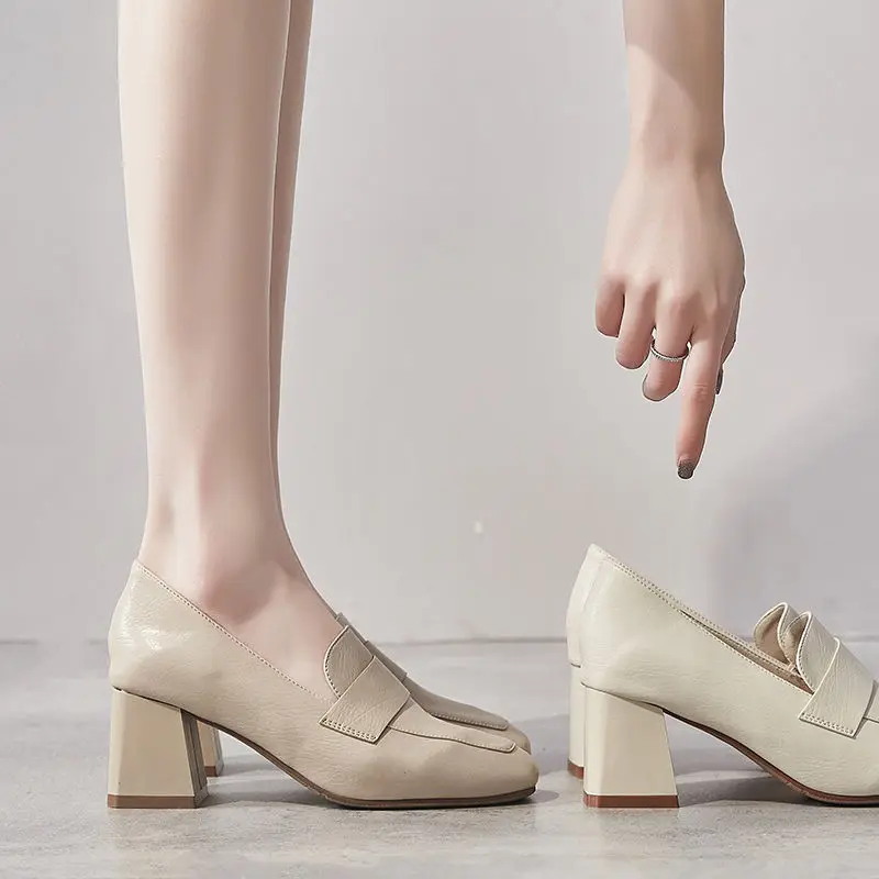 

Маленькие туфли для женщин, Новинка весна-осень 2021, туфли-лодочки в британском стиле без застежек на массивном каблуке, туфли на среднем каб...