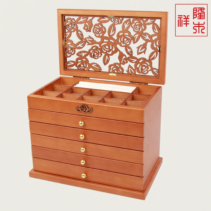 2021 New 6 Layers Solid Wood Jewelry Box European Multi-Layer Princess Jewelry Retro Earrings Necklace Bracelet Storage Box Wood
