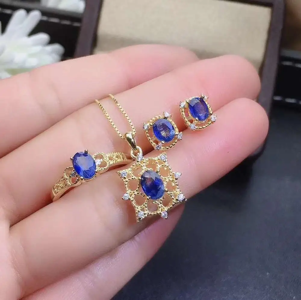 

Real Natural Sapphire jewelry set Natural Real Sapphire 925 sterling silver 1pc pendant,1pc ring,2pcs Earring