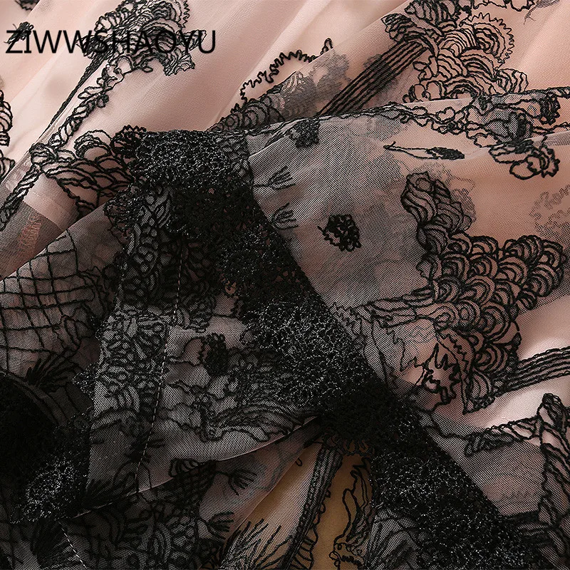 

ZIWWSHAOYU Fashion Women Autumn Winter Party Dress Elegant Lantern Sleeve Tulle Embroidery Slim Midi Dress Vestdios