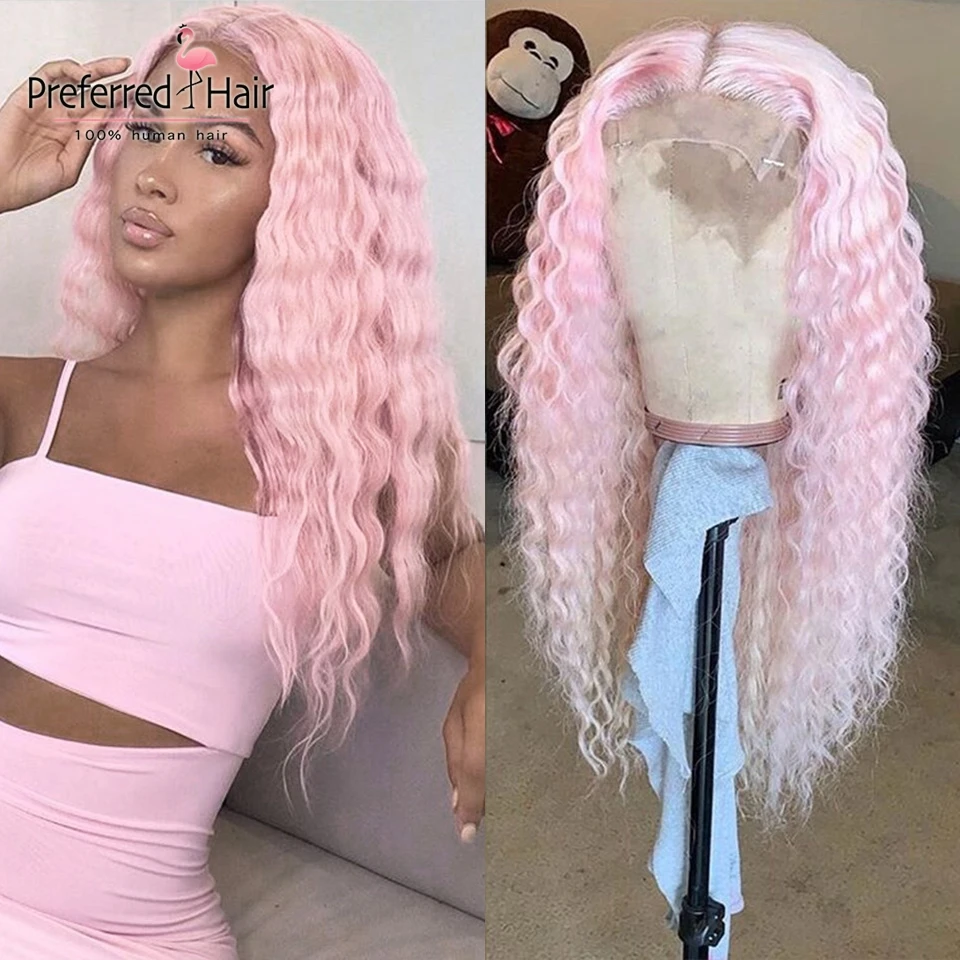 Pink Color Предпочтительный 13x6 парик на кружеве бразильский Remy Предварительно выщипанные вьющиеся человеческие волосы парик ярко-розовый цвет прозрачные парики на шнурке для женщин - Цвет: Pink Color