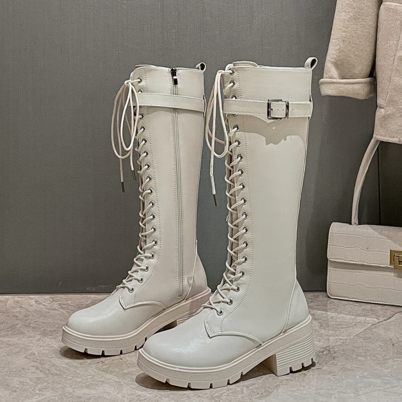 

2021 New Thicken Winter Knight Boots Women Knee High Long Square Heel Boots Retro Thick Motorcycle Boots Black White Botas Mujer