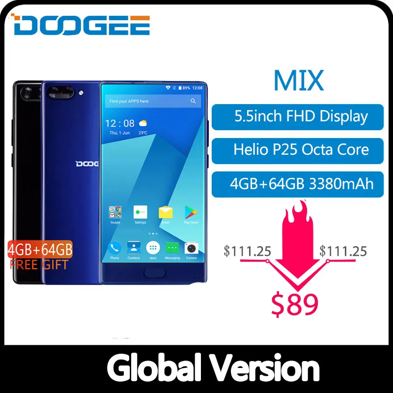 Американская версия DOOGEE MIX 4 Гб+ 64 Гб безрамный смартфон Двойная камера 5,5 ''AMOLED MTK Helio P25 Восьмиядерный мобильный телефон