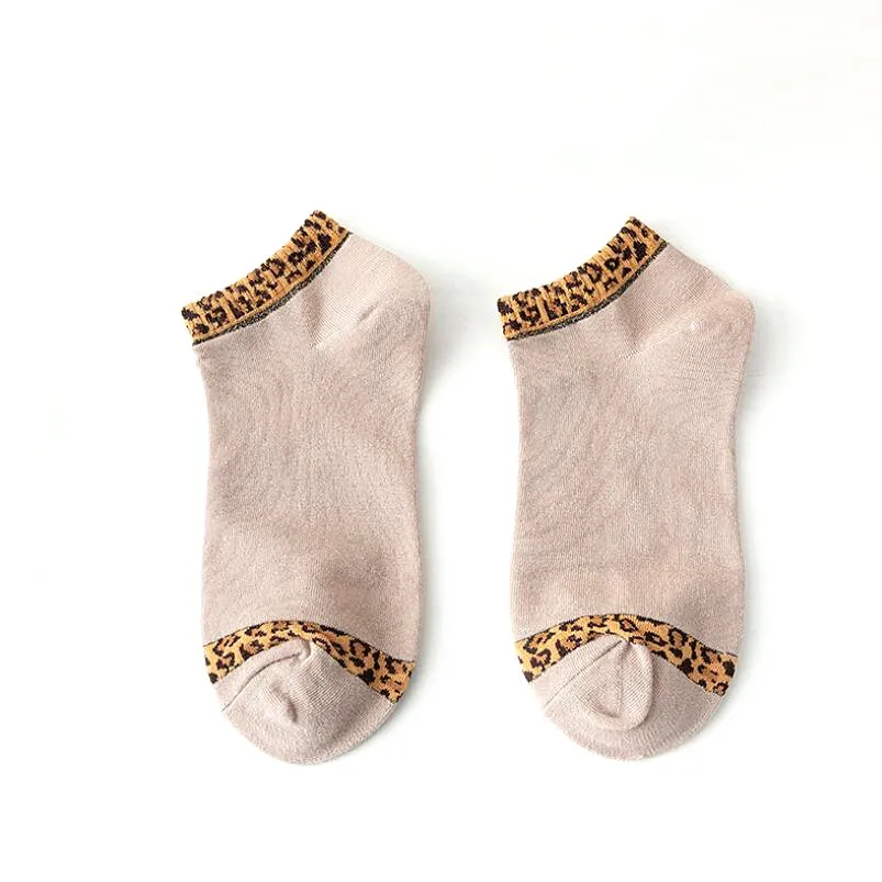 5 Pairs Solid Leopard Cotton Crew Sock Girls Short Spring Embroidery Summer Socks Woman Cotton Leopard Embroidered Ankle Socks