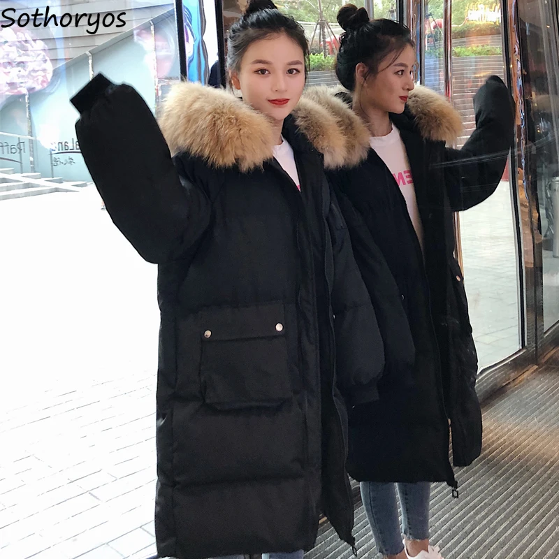 

Meidium-long Style Parkas Women Thickening Warm with Fur Hooded Pockets Zipper Korean Wide-waisted Winter New-coming Fashionable