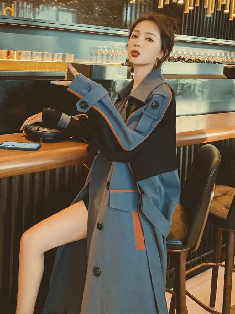 

New Fashion 2021 Autumn Casual Single-breasted Splicing Simple Classic Long Trench Coat With Belt Chic Female Windbreaker Y33