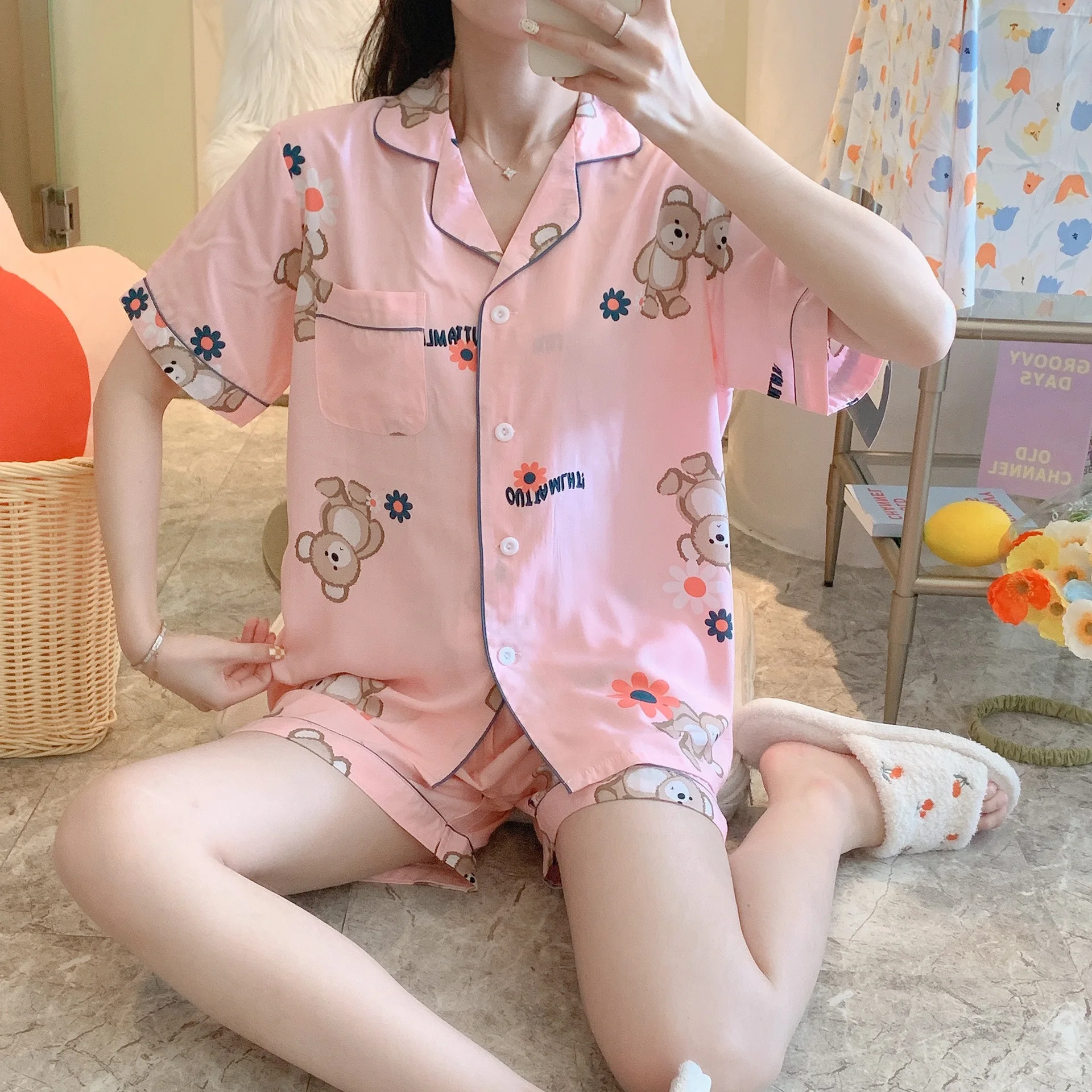 

Summer New Pajamas Set Viscose Sleepwear For Women Print Two Piece Shirt&Shorts Loungewear Casual Nightwear Home Clothes