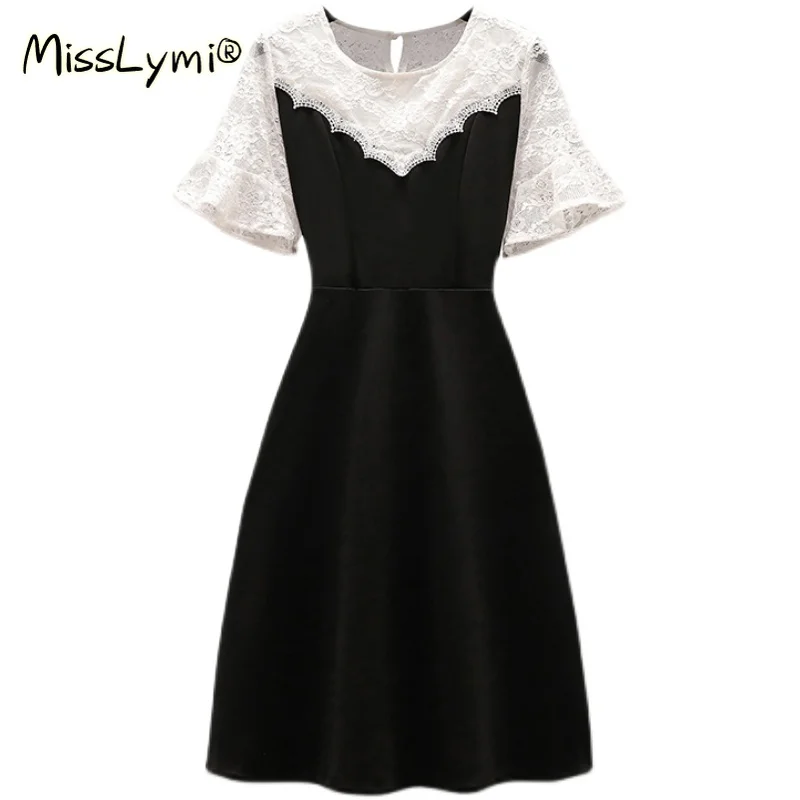 

5XL Plus Size Women Elegant Dress Summer 2021 White Hollow Out Lace Flare Sleeve Patchwork Black High Waist A-Line Dresses