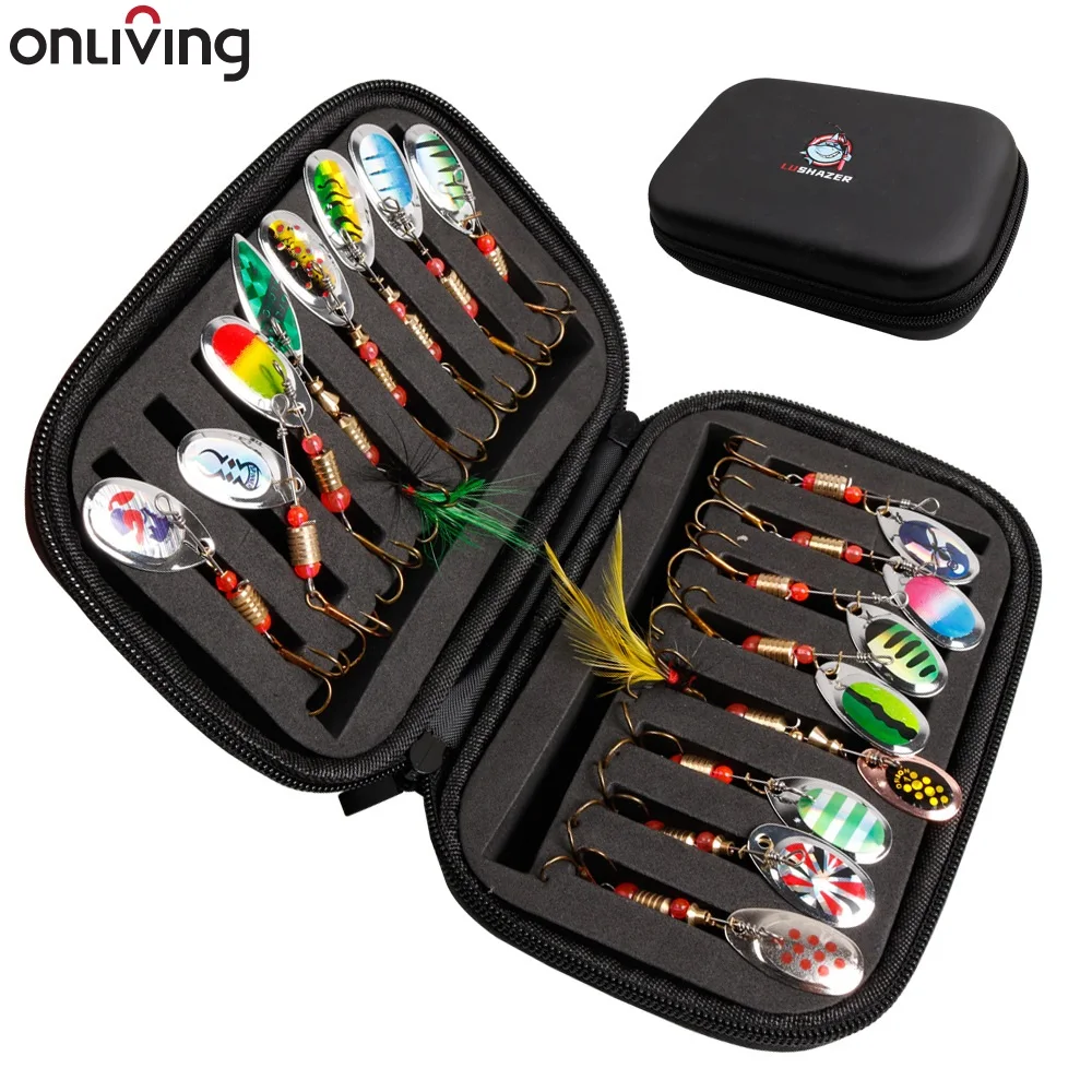 ONLIVING Fishing Lures For Bass 16pcs Spinner Lures With Portable Carry Bag Bass Lures Trout Lures Hard Metal Spinner Baits Kit