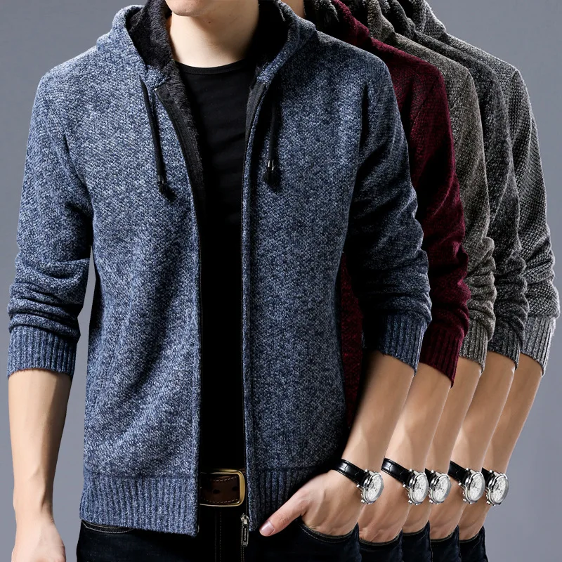 

Autumn Winter Mens Long Sleeve Thick Hooded Cardigan Sweater Knitted Sweater Blue Cardigan Male Knitwear Zip Up Top Sweatercoat