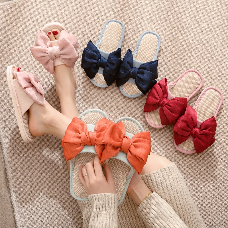 2022 Summer Flax Slippers Women Casual Linen Slides Bowknot Sweet Home Flip Flops Indoor Soft Non-slip Shoes Female Sandals