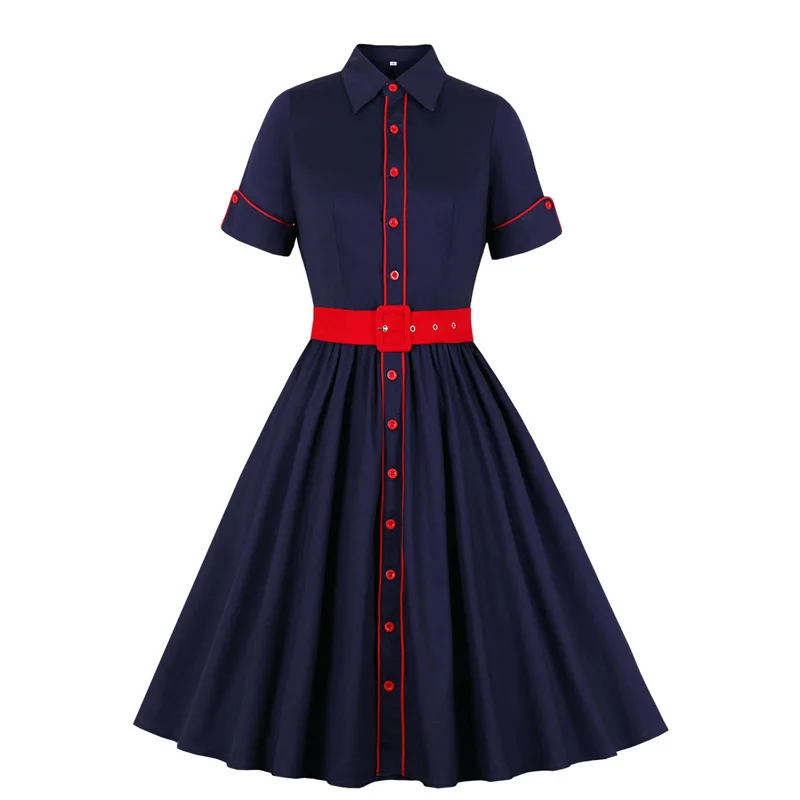 

Navy Blue dresses Women Summer 2023 New Short sleeve Striped Button Front Retro Elegant Ladies Casual Swing dress female vestido