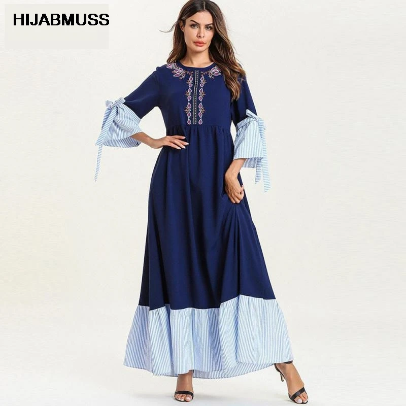 

Fashion Girly Dress With Embroidered Bowknot Three-quarter Sleeves Contrast Color Stitching Dress Dresses For Women Muslim Cute