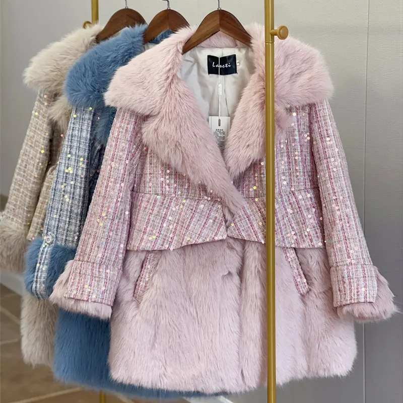 2021 Новое зимнее пальто для женщин шерстяное с блестками женское модное меховое
