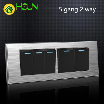 

5 Gang 2 Way Luxury Light Switch On / Off Wall Interruptor With Led Indicator Stainless Steel Panel 197* 72mm