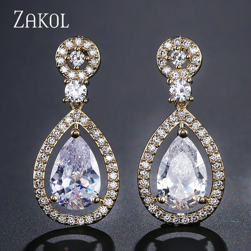 Gold Color ZAKOL, модные серьги в виде капель воды с кристаллами, кубический циркон, большие серьги для женщин, букле D'oreille Pendientes Mujer FSEP2132 - Окраска металла: Gold Color