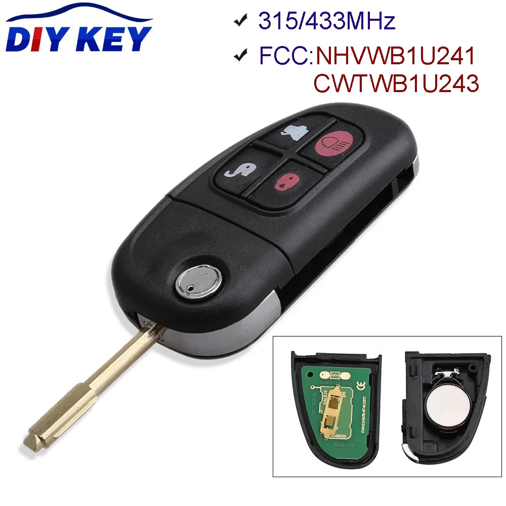 

DIYKEY CWTWB1U243 315/433MHz 4 Buttons Flip Remote Control Car Key Fob Case ID60 Chip NHVWB1U241 For Jaguar X-Type